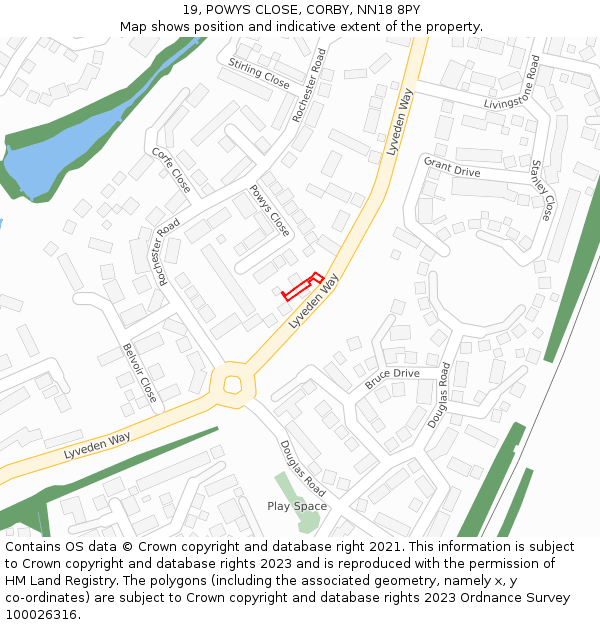 19, POWYS CLOSE, CORBY, NN18 8PY: Location map and indicative extent of plot
