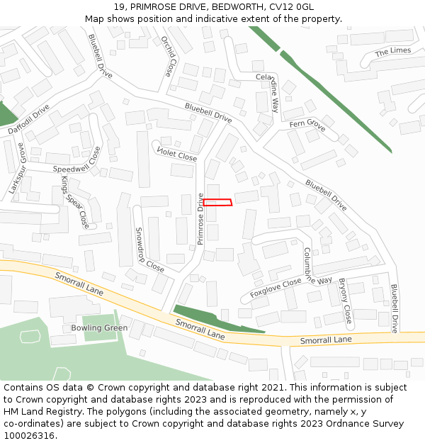19, PRIMROSE DRIVE, BEDWORTH, CV12 0GL: Location map and indicative extent of plot