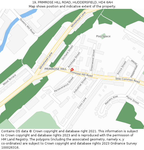 19, PRIMROSE HILL ROAD, HUDDERSFIELD, HD4 6AH: Location map and indicative extent of plot