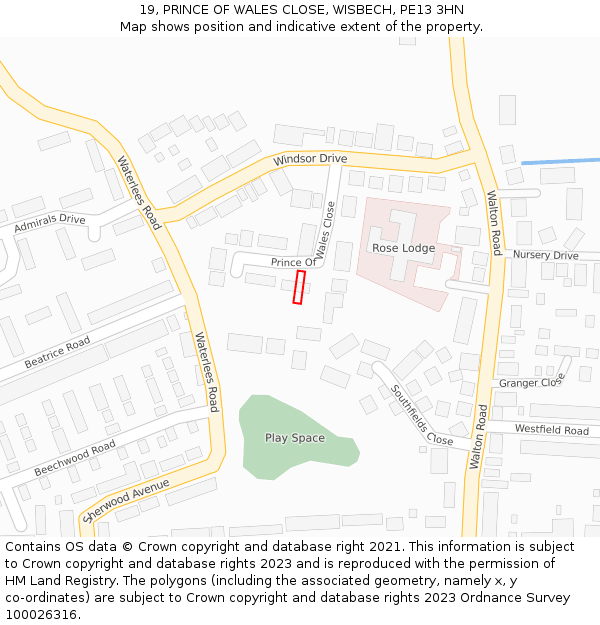19, PRINCE OF WALES CLOSE, WISBECH, PE13 3HN: Location map and indicative extent of plot
