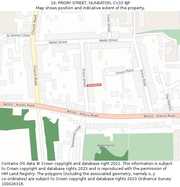 19, PRIORY STREET, NUNEATON, CV10 8JP: Location map and indicative extent of plot