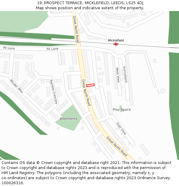 19, PROSPECT TERRACE, MICKLEFIELD, LEEDS, LS25 4DJ: Location map and indicative extent of plot