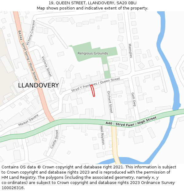 19, QUEEN STREET, LLANDOVERY, SA20 0BU: Location map and indicative extent of plot