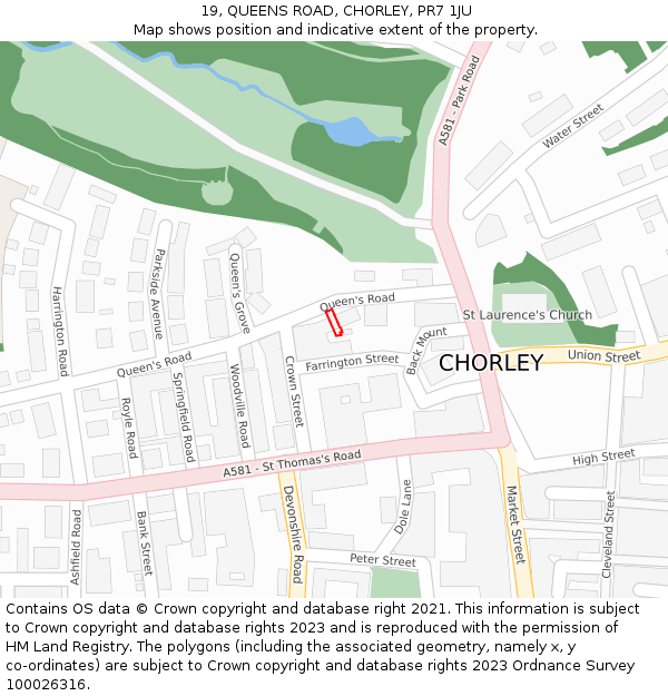 19, QUEENS ROAD, CHORLEY, PR7 1JU: Location map and indicative extent of plot
