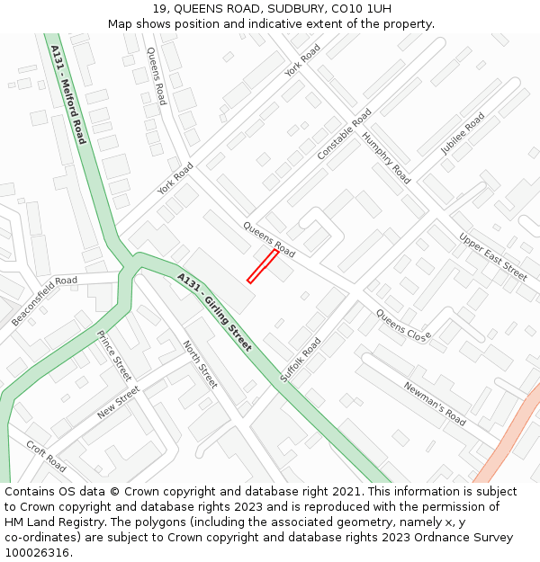 19, QUEENS ROAD, SUDBURY, CO10 1UH: Location map and indicative extent of plot