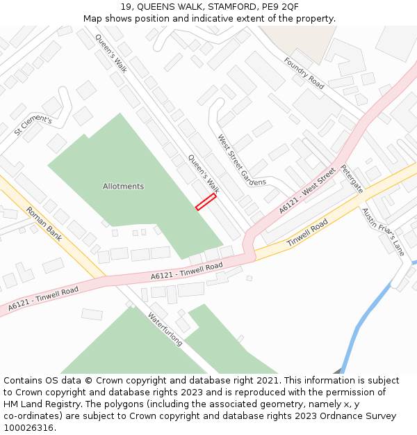19, QUEENS WALK, STAMFORD, PE9 2QF: Location map and indicative extent of plot