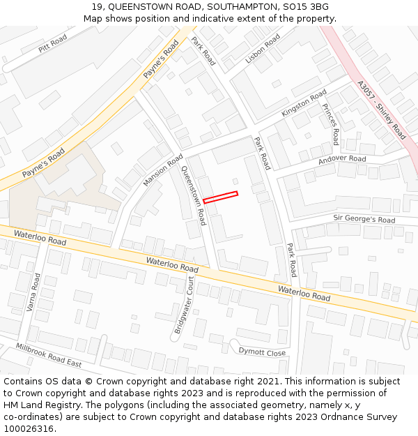 19, QUEENSTOWN ROAD, SOUTHAMPTON, SO15 3BG: Location map and indicative extent of plot