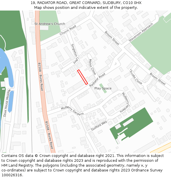 19, RADIATOR ROAD, GREAT CORNARD, SUDBURY, CO10 0HX: Location map and indicative extent of plot