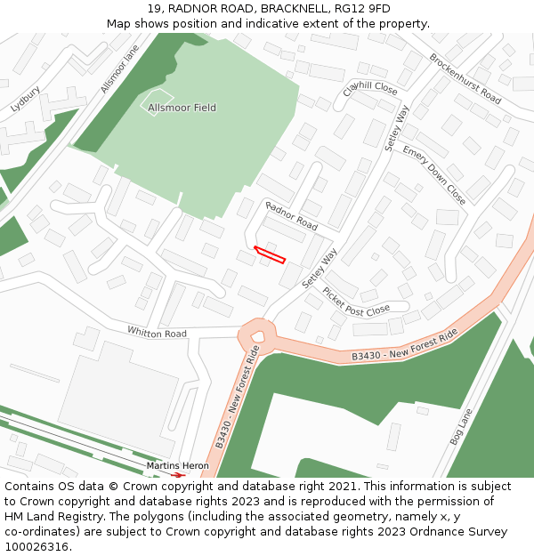 19, RADNOR ROAD, BRACKNELL, RG12 9FD: Location map and indicative extent of plot