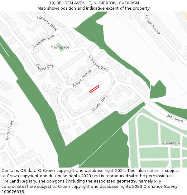 19, REUBEN AVENUE, NUNEATON, CV10 9SN: Location map and indicative extent of plot