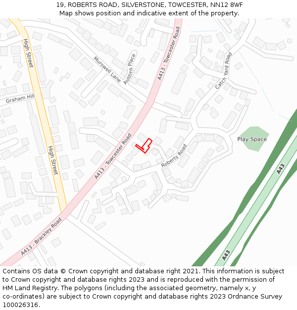 19, ROBERTS ROAD, SILVERSTONE, TOWCESTER, NN12 8WF: Location map and indicative extent of plot