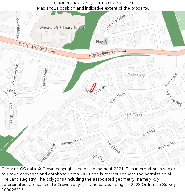 19, ROEBUCK CLOSE, HERTFORD, SG13 7TE: Location map and indicative extent of plot