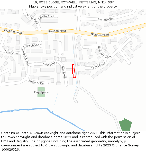 19, ROSE CLOSE, ROTHWELL, KETTERING, NN14 6SY: Location map and indicative extent of plot