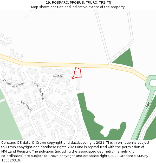 19, ROSPARC, PROBUS, TRURO, TR2 4TJ: Location map and indicative extent of plot