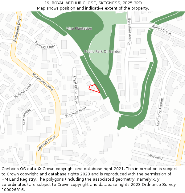 19, ROYAL ARTHUR CLOSE, SKEGNESS, PE25 3PD: Location map and indicative extent of plot