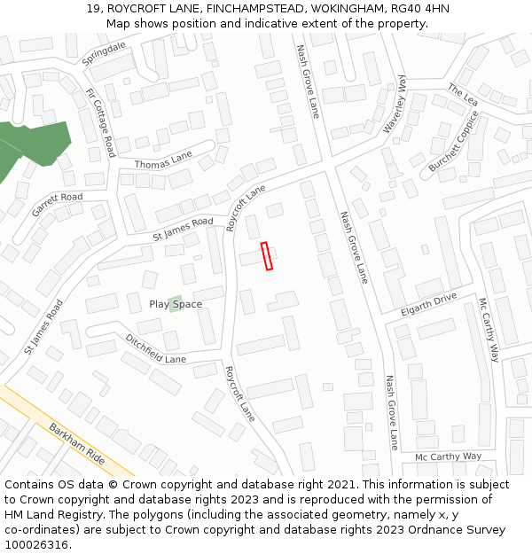 19, ROYCROFT LANE, FINCHAMPSTEAD, WOKINGHAM, RG40 4HN: Location map and indicative extent of plot