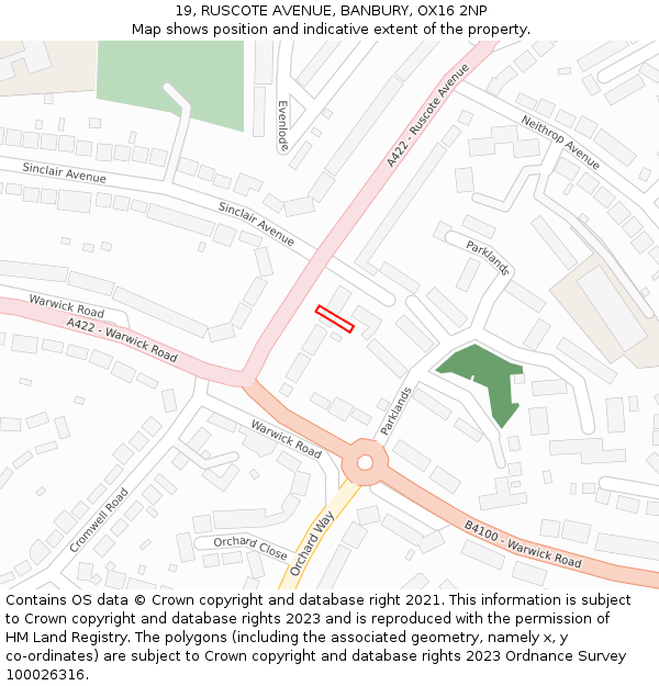 19, RUSCOTE AVENUE, BANBURY, OX16 2NP: Location map and indicative extent of plot