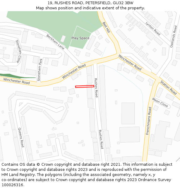 19, RUSHES ROAD, PETERSFIELD, GU32 3BW: Location map and indicative extent of plot