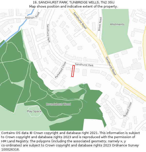19, SANDHURST PARK, TUNBRIDGE WELLS, TN2 3SU: Location map and indicative extent of plot