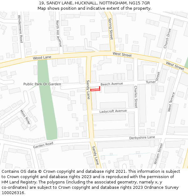 19, SANDY LANE, HUCKNALL, NOTTINGHAM, NG15 7GR: Location map and indicative extent of plot
