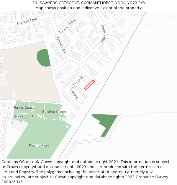19, SAWYERS CRESCENT, COPMANTHORPE, YORK, YO23 3YA: Location map and indicative extent of plot