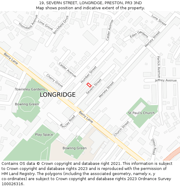 19, SEVERN STREET, LONGRIDGE, PRESTON, PR3 3ND: Location map and indicative extent of plot