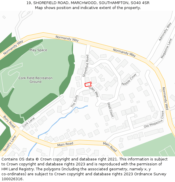 19, SHOREFIELD ROAD, MARCHWOOD, SOUTHAMPTON, SO40 4SR: Location map and indicative extent of plot