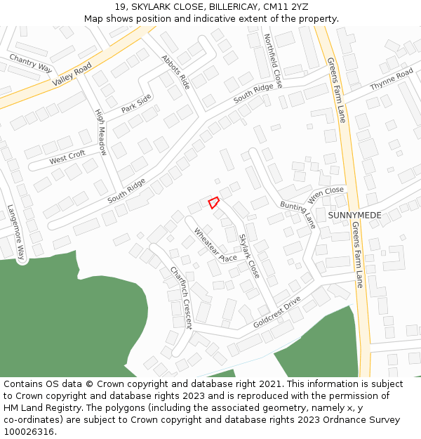 19, SKYLARK CLOSE, BILLERICAY, CM11 2YZ: Location map and indicative extent of plot