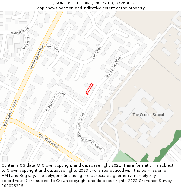 19, SOMERVILLE DRIVE, BICESTER, OX26 4TU: Location map and indicative extent of plot