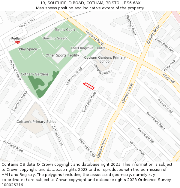 19, SOUTHFIELD ROAD, COTHAM, BRISTOL, BS6 6AX: Location map and indicative extent of plot