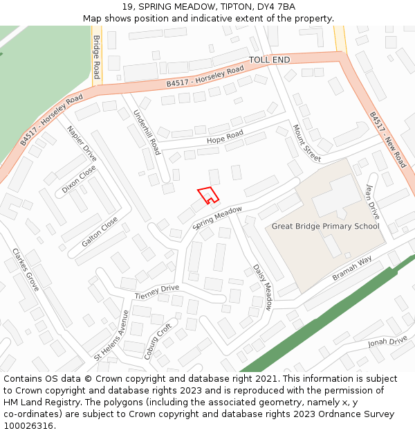 19, SPRING MEADOW, TIPTON, DY4 7BA: Location map and indicative extent of plot