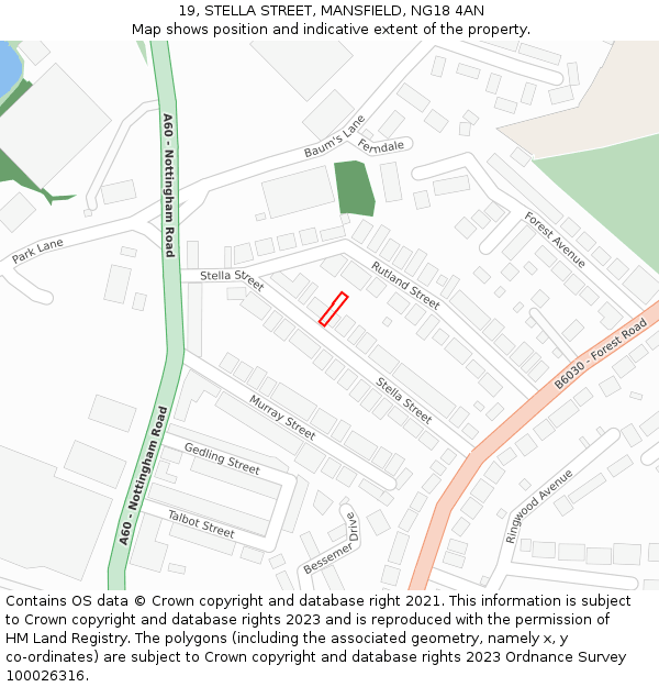 19, STELLA STREET, MANSFIELD, NG18 4AN: Location map and indicative extent of plot