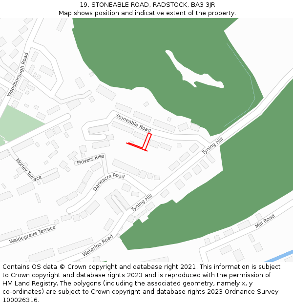 19, STONEABLE ROAD, RADSTOCK, BA3 3JR: Location map and indicative extent of plot