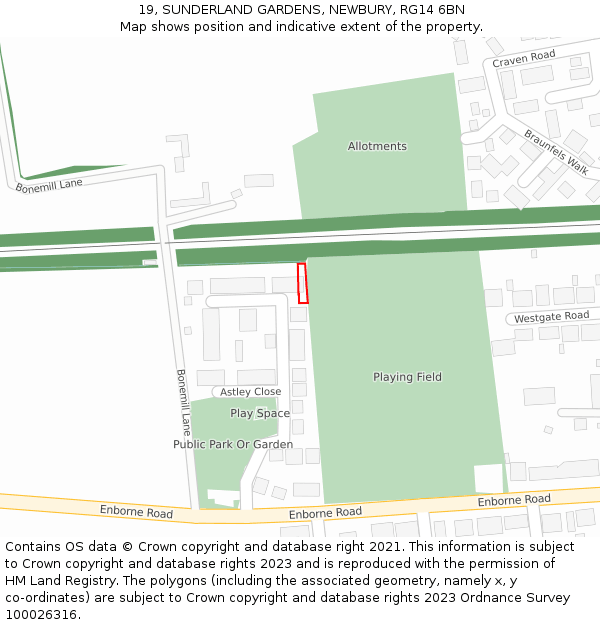 19, SUNDERLAND GARDENS, NEWBURY, RG14 6BN: Location map and indicative extent of plot