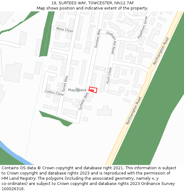 19, SURTEES WAY, TOWCESTER, NN12 7AF: Location map and indicative extent of plot