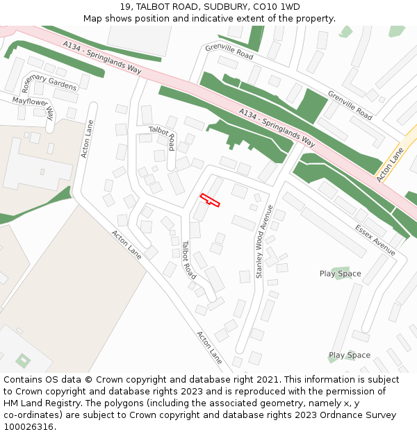 19, TALBOT ROAD, SUDBURY, CO10 1WD: Location map and indicative extent of plot