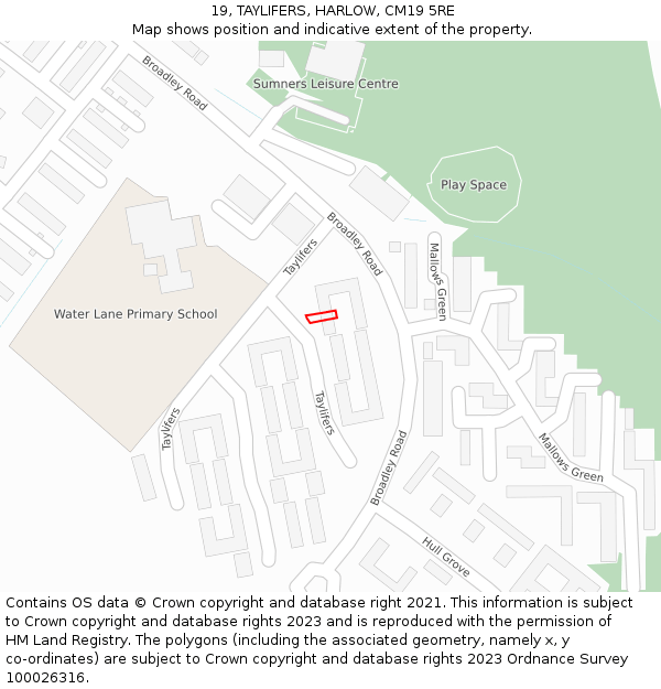 19, TAYLIFERS, HARLOW, CM19 5RE: Location map and indicative extent of plot