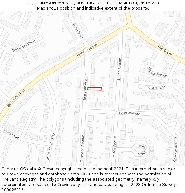 19, TENNYSON AVENUE, RUSTINGTON, LITTLEHAMPTON, BN16 2PB: Location map and indicative extent of plot