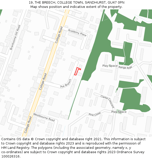 19, THE BREECH, COLLEGE TOWN, SANDHURST, GU47 0PN: Location map and indicative extent of plot