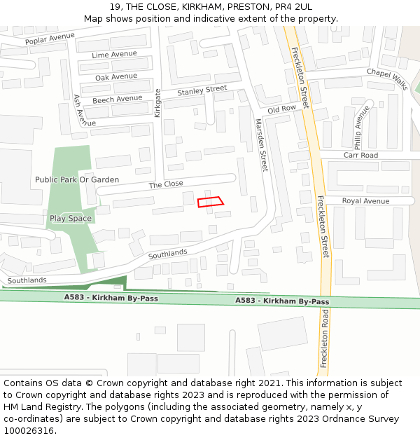 19, THE CLOSE, KIRKHAM, PRESTON, PR4 2UL: Location map and indicative extent of plot