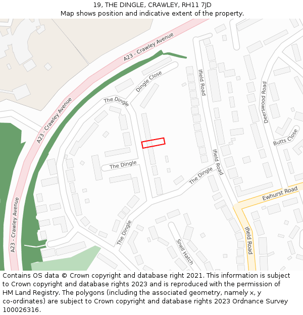 19, THE DINGLE, CRAWLEY, RH11 7JD: Location map and indicative extent of plot