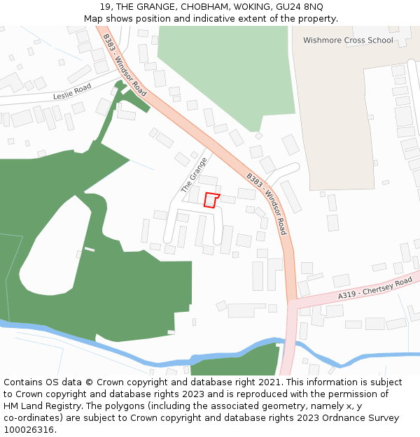 19, THE GRANGE, CHOBHAM, WOKING, GU24 8NQ: Location map and indicative extent of plot