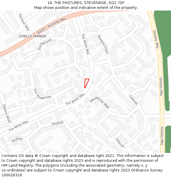 19, THE PASTURES, STEVENAGE, SG2 7DF: Location map and indicative extent of plot