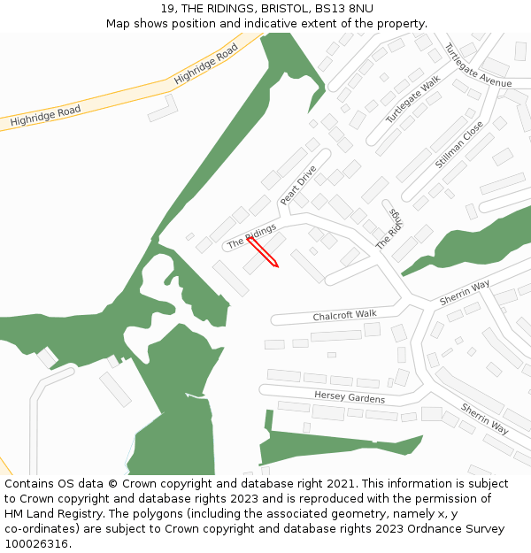 19, THE RIDINGS, BRISTOL, BS13 8NU: Location map and indicative extent of plot
