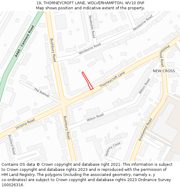 19, THORNEYCROFT LANE, WOLVERHAMPTON, WV10 0NF: Location map and indicative extent of plot