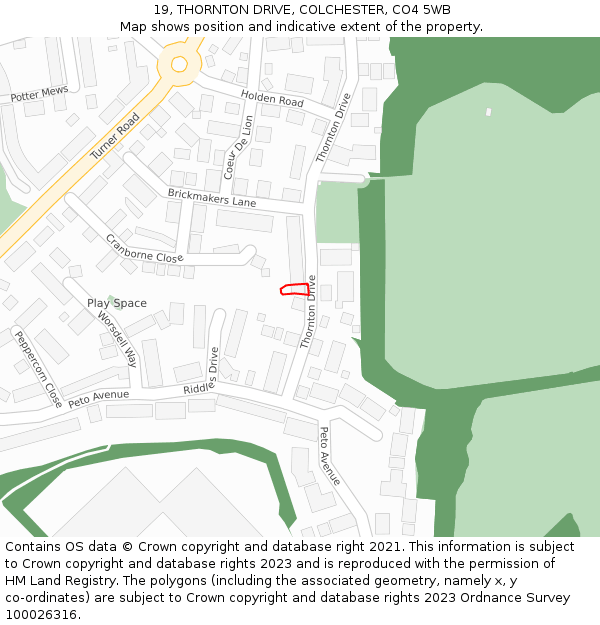 19, THORNTON DRIVE, COLCHESTER, CO4 5WB: Location map and indicative extent of plot
