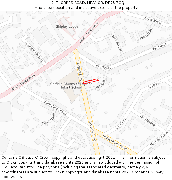 19, THORPES ROAD, HEANOR, DE75 7GQ: Location map and indicative extent of plot