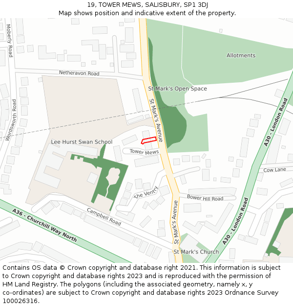 19, TOWER MEWS, SALISBURY, SP1 3DJ: Location map and indicative extent of plot