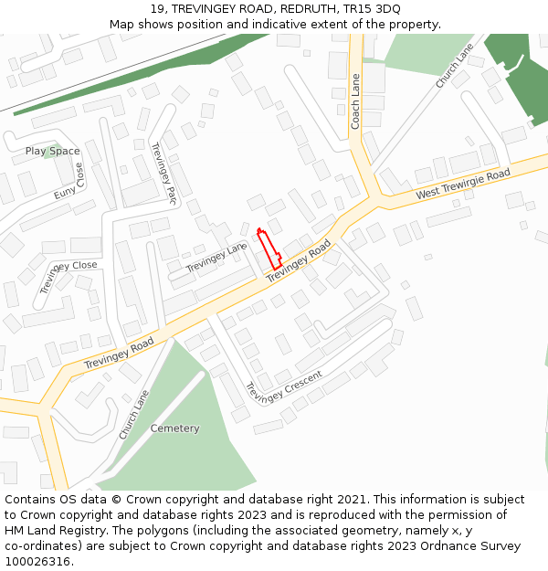 19, TREVINGEY ROAD, REDRUTH, TR15 3DQ: Location map and indicative extent of plot