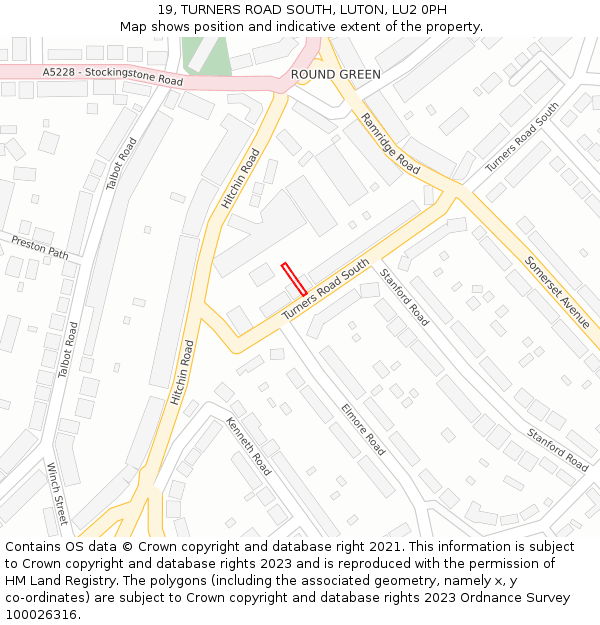 19, TURNERS ROAD SOUTH, LUTON, LU2 0PH: Location map and indicative extent of plot